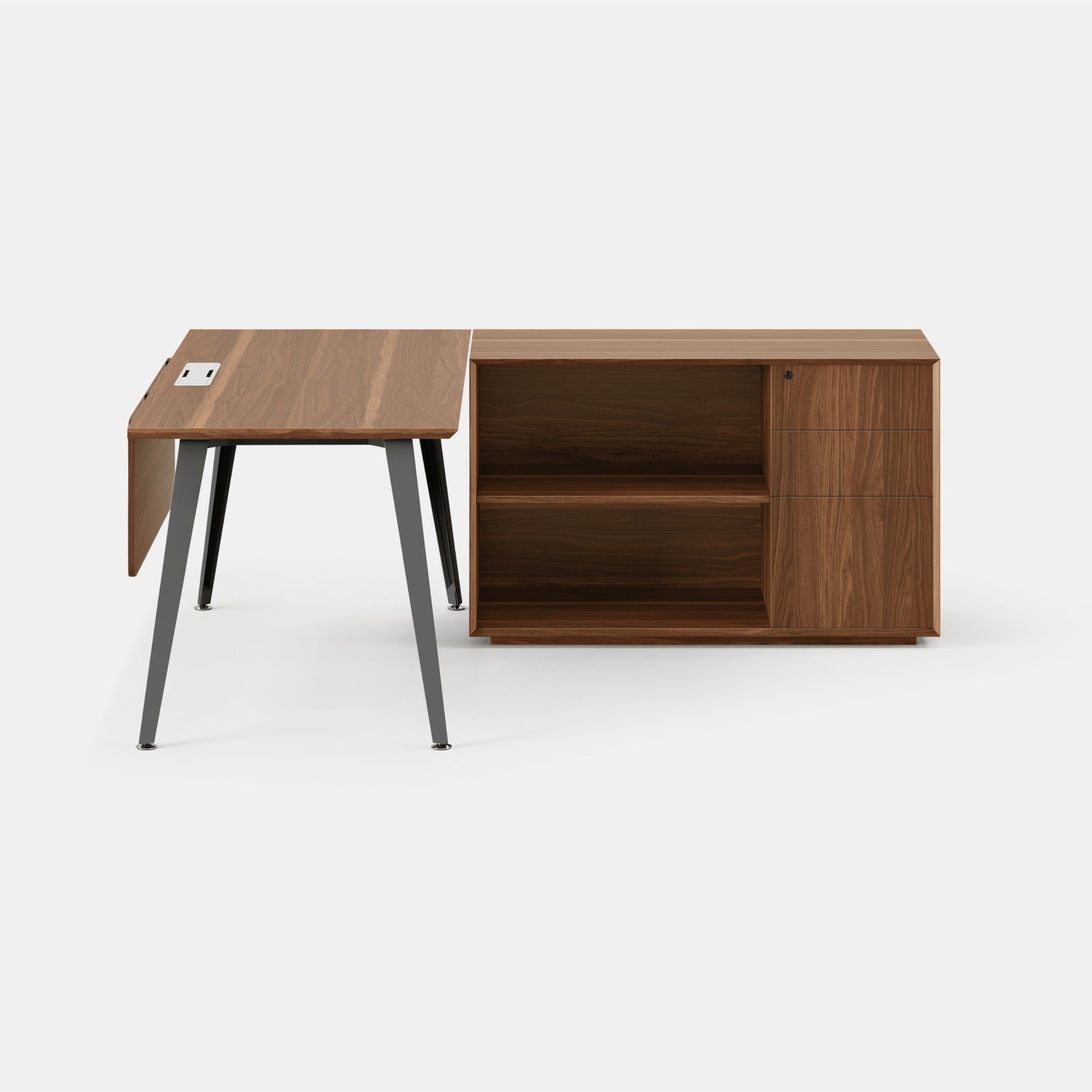 Orientation:Right; Color:Walnut/Charcoal; Size:Office Desk + Credenza