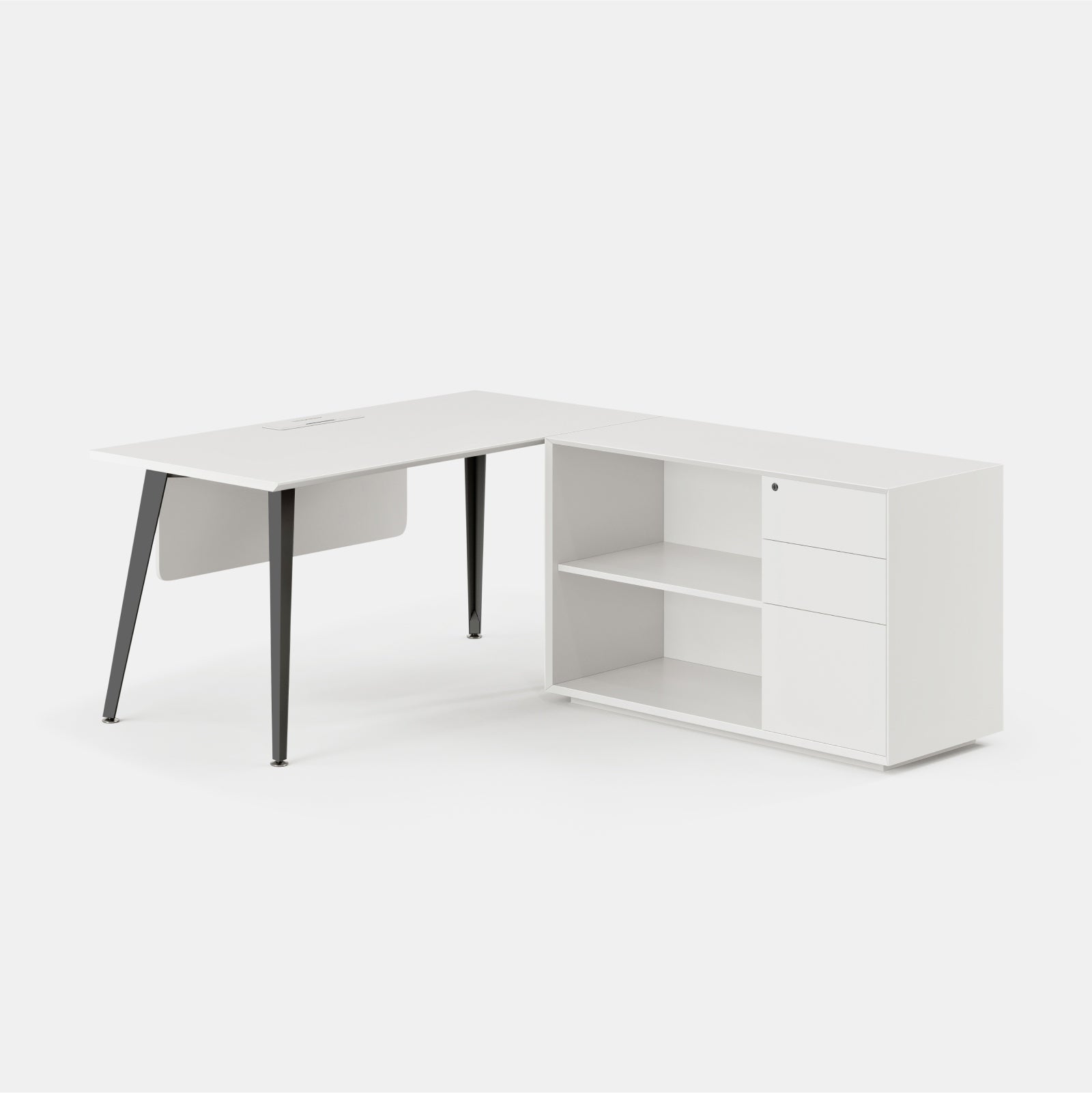 Orientation:Right; Color:White/Charcoal; Size:Office Desk + Credenza