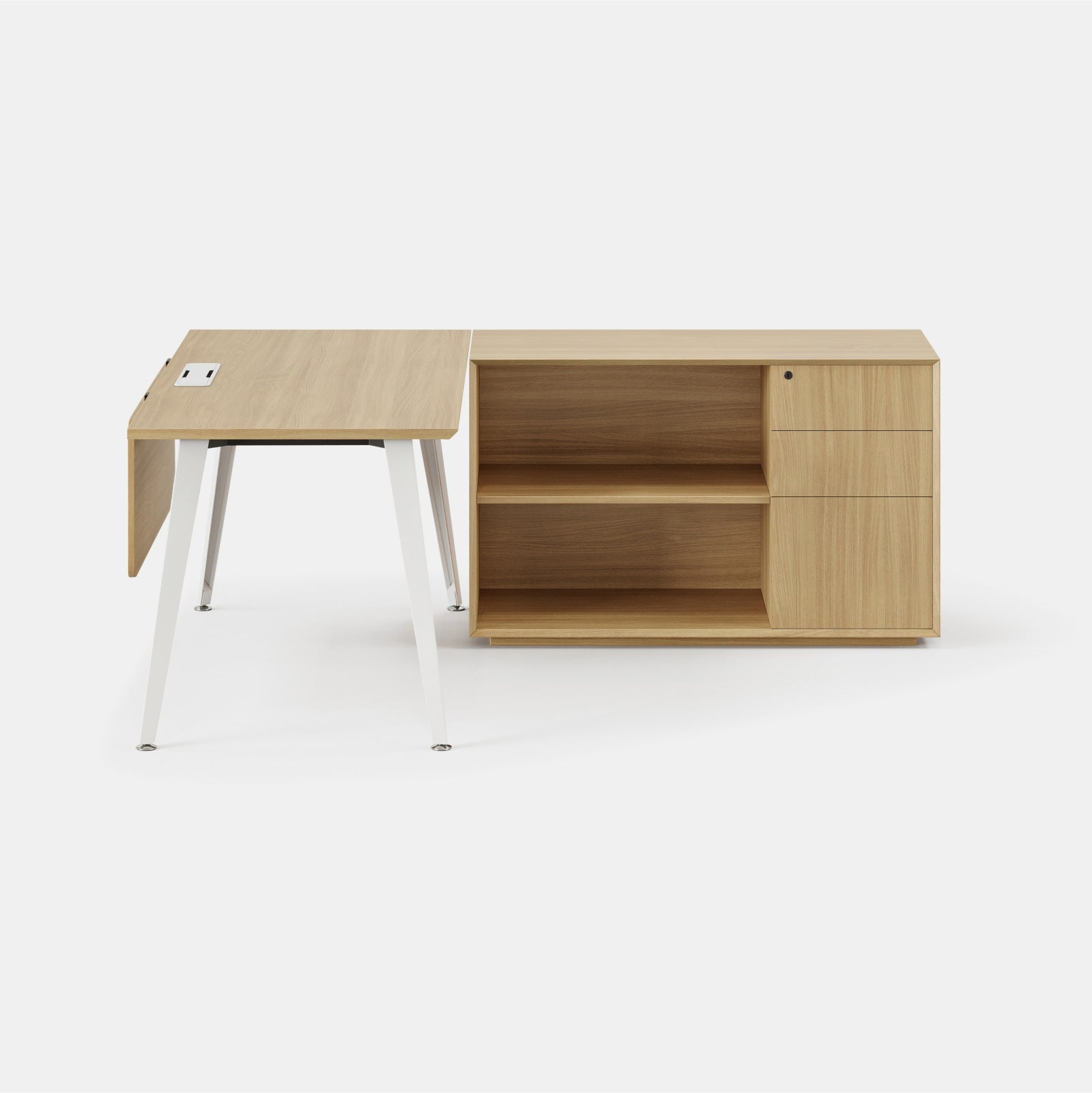 Orientation:Right; Color:Woodgrain/Powder White; Size:Office Desk + Credenza